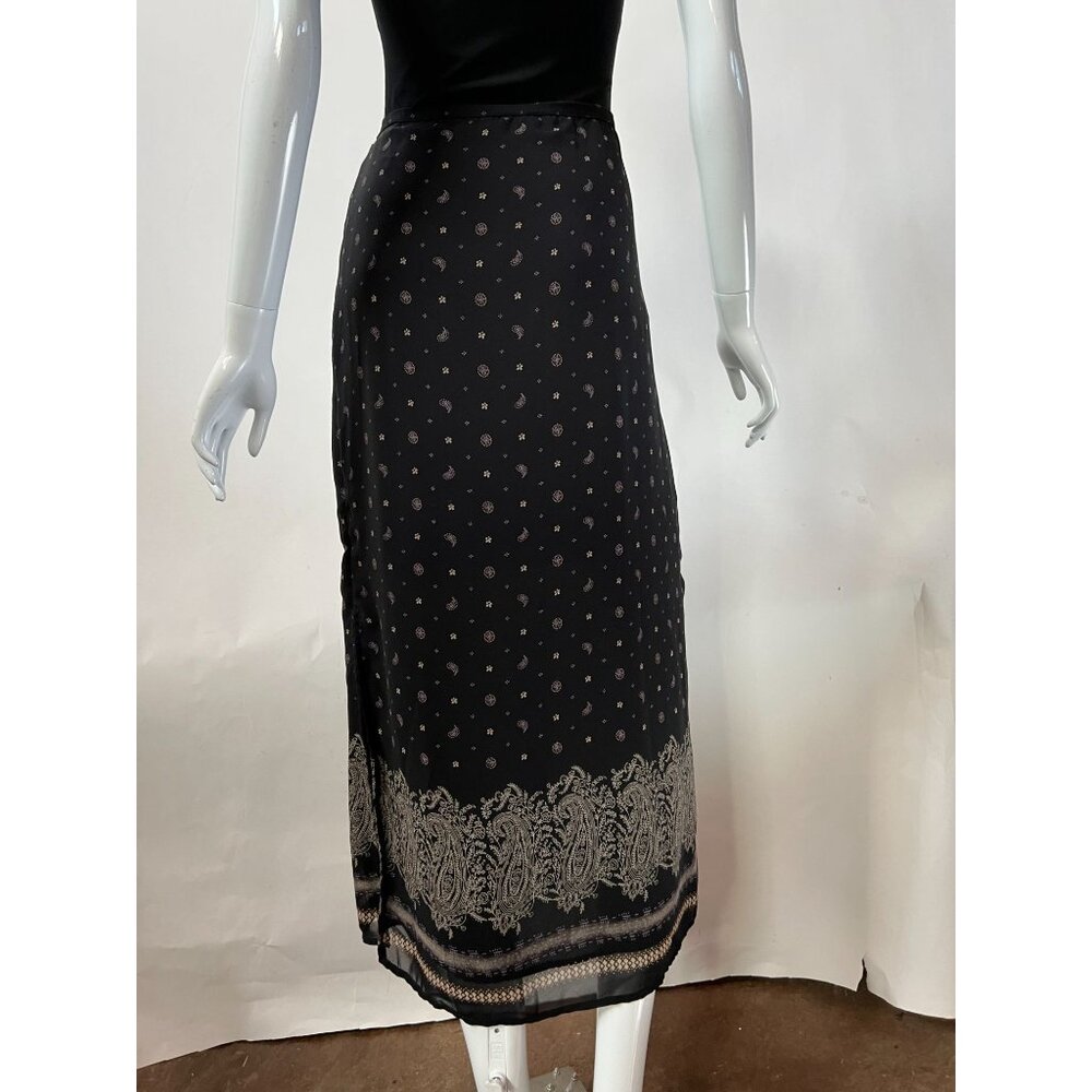 Vintage Black Midi Skirt sz 10  With Paisley & Floral Print Side Slit Button Clo - Picture 14 of 15